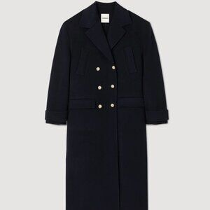 Sandro Long Double-Breasted Wool Coat Navy Blue Size 42 ($865 originallly)